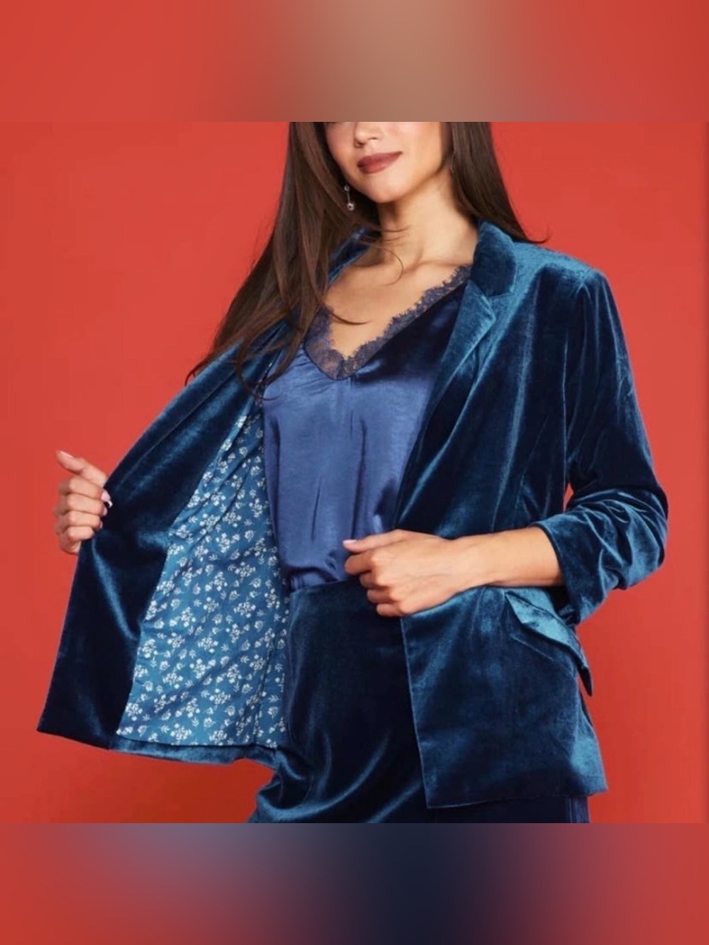 Skies Are Blue Ruched Sleeve Velvet Blazer Size Medium - Picture 2 of 12